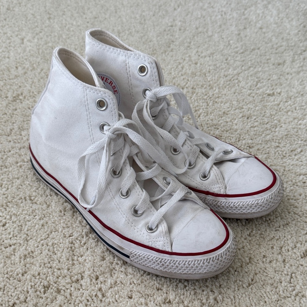 Converse White Canvas High-Tops with Red Accent